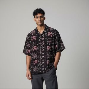 Green Fields Men Bohemian Festival Concert Short Sleeve Button Down Shirt Sz XL